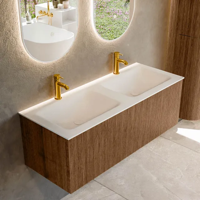 Mondiaz KURVE 120 cm Onderkast Greeploos 1 Lade Zonder Deuren Walnut, Wastafel Solid Surface Dubbel Talc 2 Kraangaten Zonder Spiegel (KRVCLO1201L0D2KD-Wal/Tal)