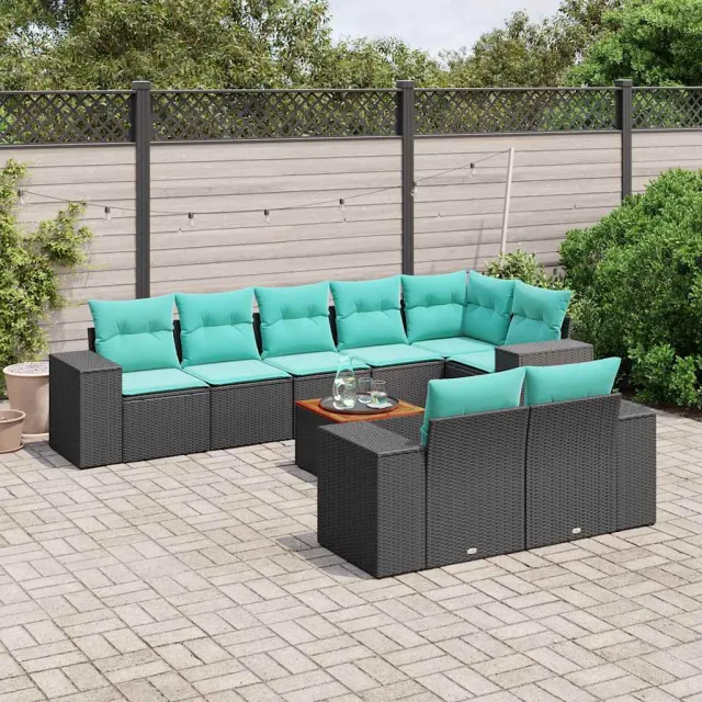vidaXL 9-delige tuinbankset met kussens van zwart polyrotan, foto 2