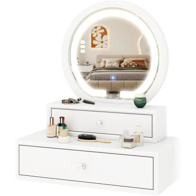 Costway Spiegel met 2 laden Make-uptafel Ronde make-upspiegel Spiegellijst Kaptafel Cosmetica-tafel Wit