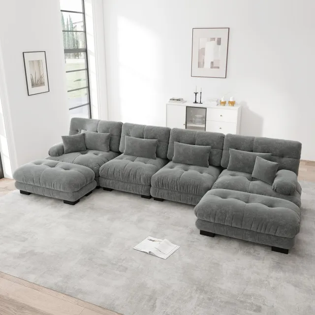 intebiki Re-Purelife® Grote Hoekbank U-vormig 4-zits - Extra Zacht Cloud Sofa met Hoge Kwaliteit Schuim - Moderne Woonbank met Verplaatsbare Ottoman - Luxe Chenille Stof - Drukbestendig & Duurzaam - 406x145x81 cm - Grijs