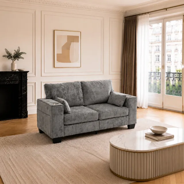 HAUSS SPOLE Zitbank - Moderne 2-Zitsbank Met Chenille Bekleding, Bekerhouders En Zijvakken - Woonkamer, Kantoor - Donkergrijs