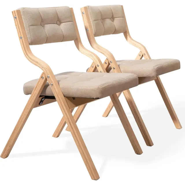 Seth Select Houten Klapstoel met Gestoffeerd Kussen - Set van 2 – Opvouwbare Eetkamerstoel – Vouwstoel - Draagbaar - Beige