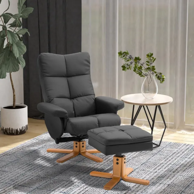HAUSS SPOLE Relaxfauteuil met Hocker - Rugleuning tot 145 Graden Verstelbaar - 360 Graden Draaibaar - Opbergruimte - voor Woonkamer - Kunstleer en Hout - Zwart