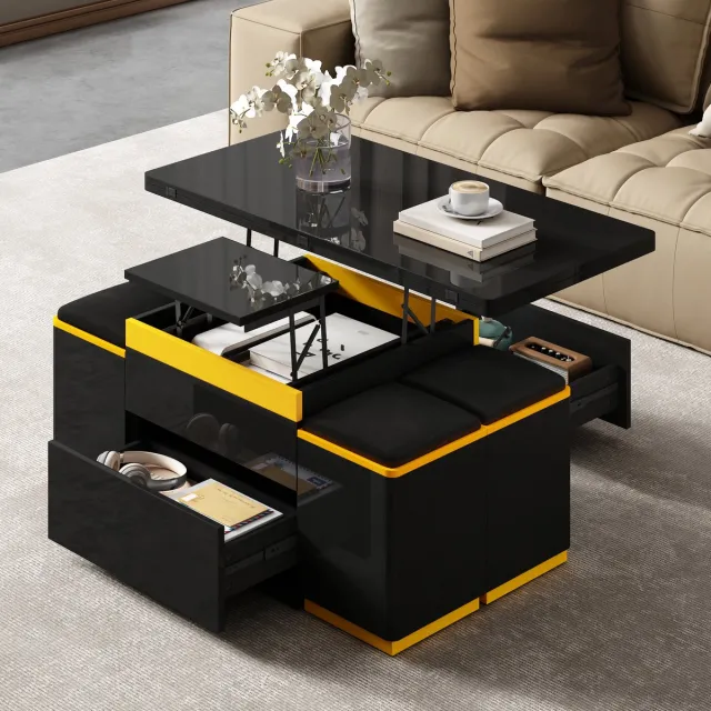 REDOM Salontafel 100x50x43 cm van MDF/spaanplaat, hoogglans met lift-top en opklapblad Zwart