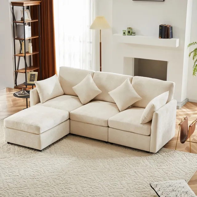 OKWISH Hoekbank – 4-Zits Sofa Voor 3-4 Personen Met Verplaatsbare Voetkruk – Zachte Rugvulling & 4 Kussens – Diepe Zit 55 cm – Chenille – Beige