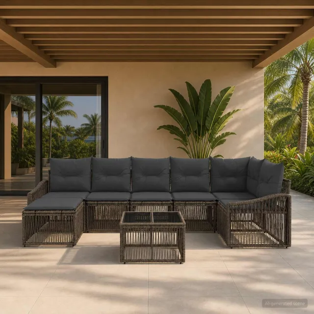 vidaXL Tuinbankenset 8 st 7-zits Grijs poly rattan, foto 2