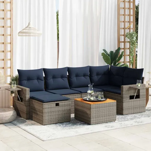 vidaXL 7-delige Loungeset met kussens poly rattan grijs, foto 2