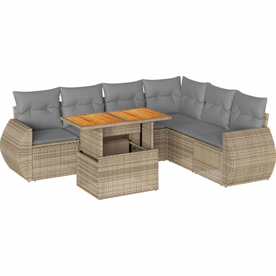 vidaXL 7-delige Loungeset met kussens poly rattan beige, foto 3
