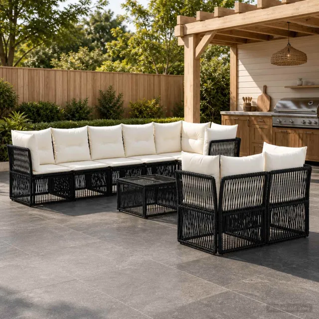 vidaXL Tuinbankenset 9 st 8-zits Zwart poly rattan, foto 2