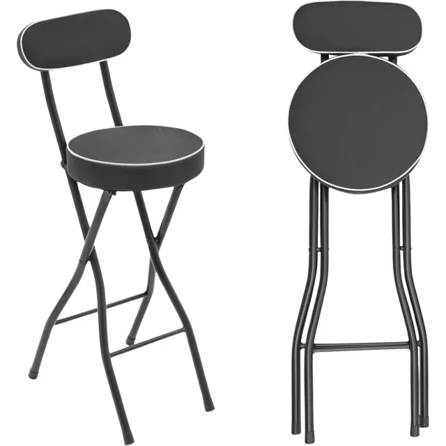 Happiq Opvouwbare Barkrukken - Set van 2 - 65 Cm Zithoogte - Zwart - Inklapbaar met Rugleuning en Kussen - Metaal en Gevoerd Kussen - voor Keuken Café Bar Black