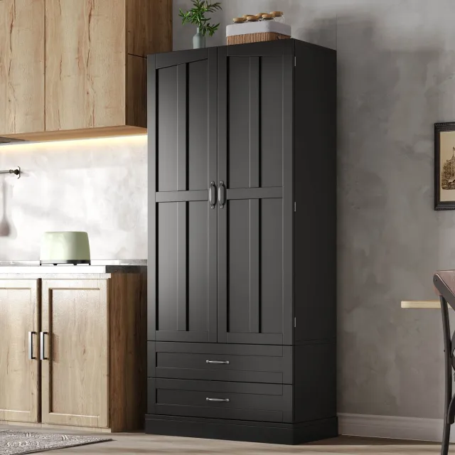 MEUNIQ Keukenkast hoogkast 80 x 38 x 180 cm met 2 lades, 2 deuren, 3 uittrekbare planken en deurvakken, vrijstaande opbergkast voor keuken, eetkamer of woonkamer, zwart