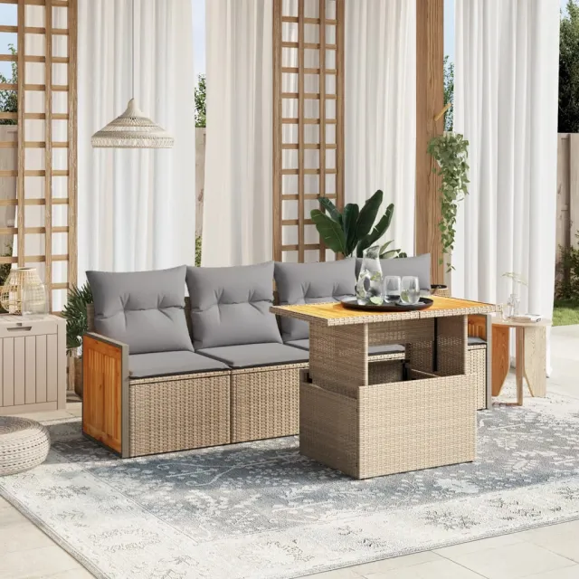 vidaXL 5-delige Loungeset met kussens poly rattan beige, foto 2