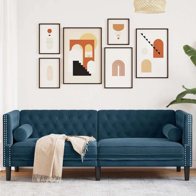 vidaXL Driezitsbank Chesterfield-stijl met bolsters fluweel blauw