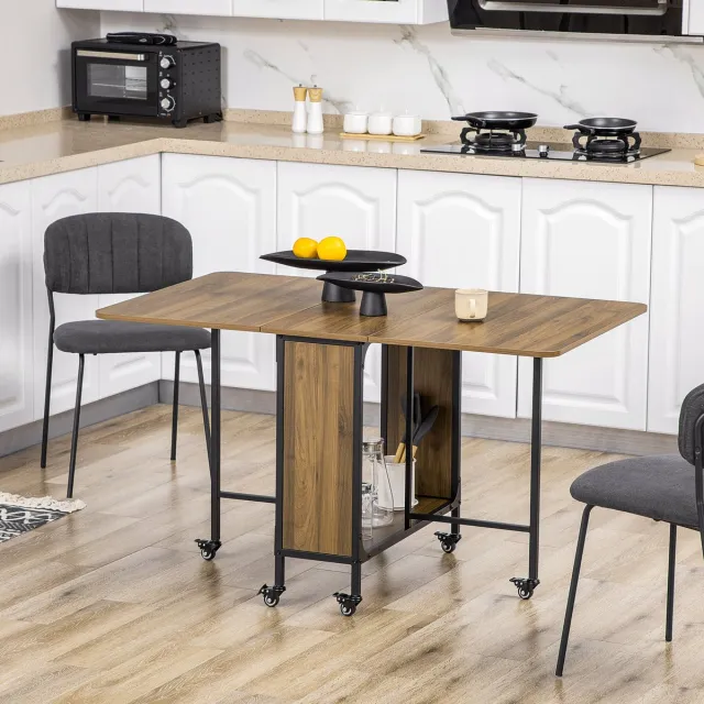 MODFU Opvouwbare eettafel voor 6 personen met wielen – Inklapbare zijpanelen & opbergvak – Ruimtebesparend voor keuken of eetkamer – Hoogwaardig spaanplaat – Bruin 130x80x74 cm