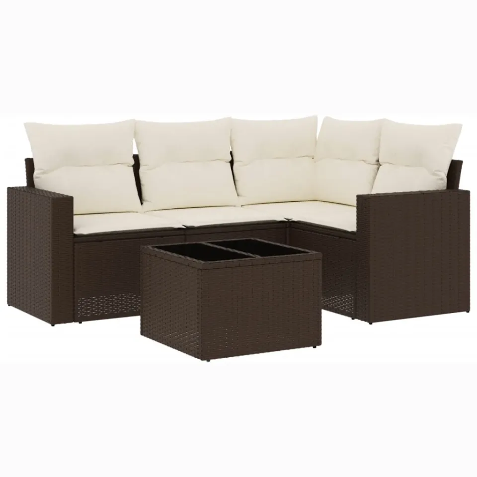 vidaXL 5-delige Loungeset met kussens poly rattan bruin