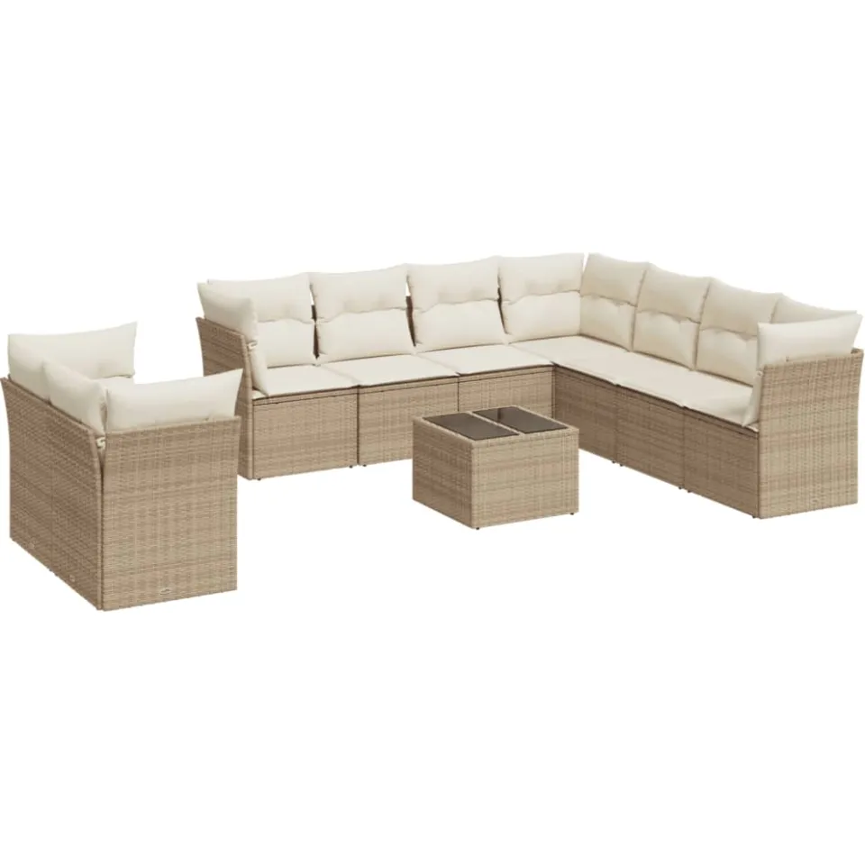 vidaXL 10-delige Loungeset met kussens poly rattan beige