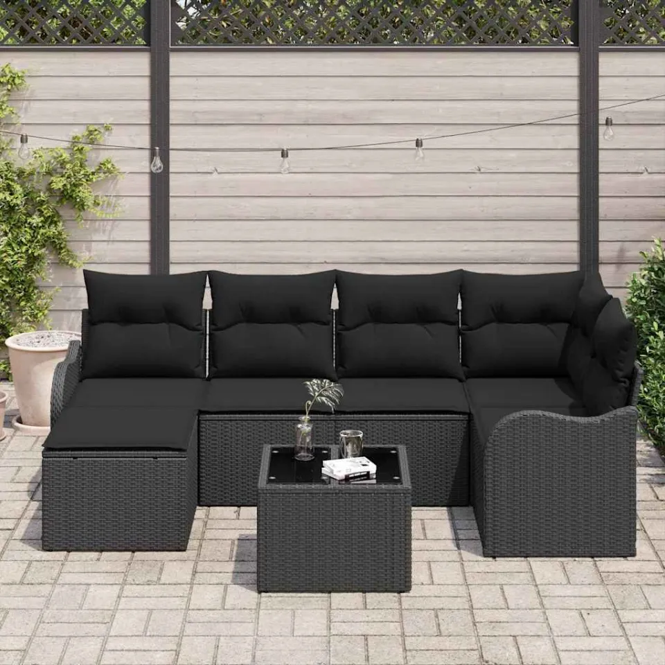 vidaXL Tuin Sofa Set met kussen 7 pcs Zwart Poly riet, foto 3