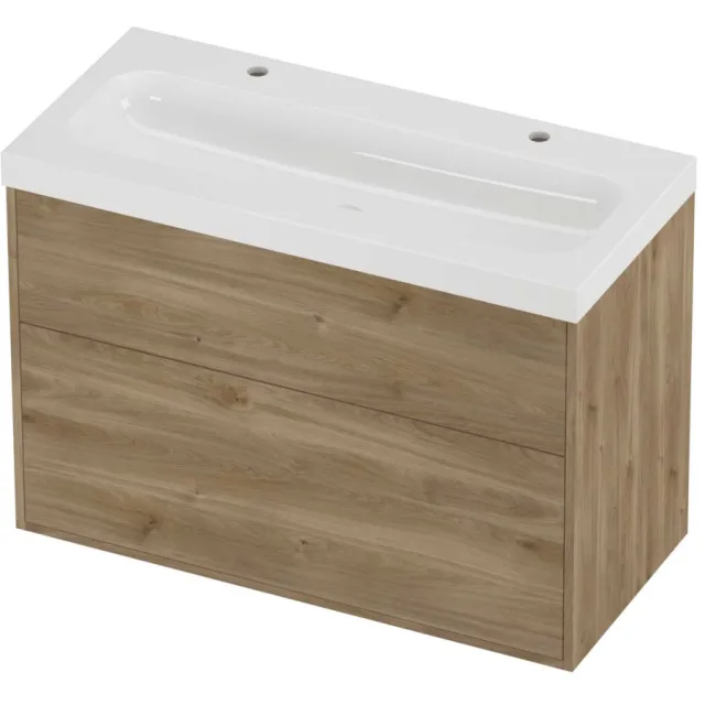 Proline Haga Badmeubelset Polystone Mezza 2 Kraangaten 100x46x73 cm Glans Wit Cider Oak Eiken