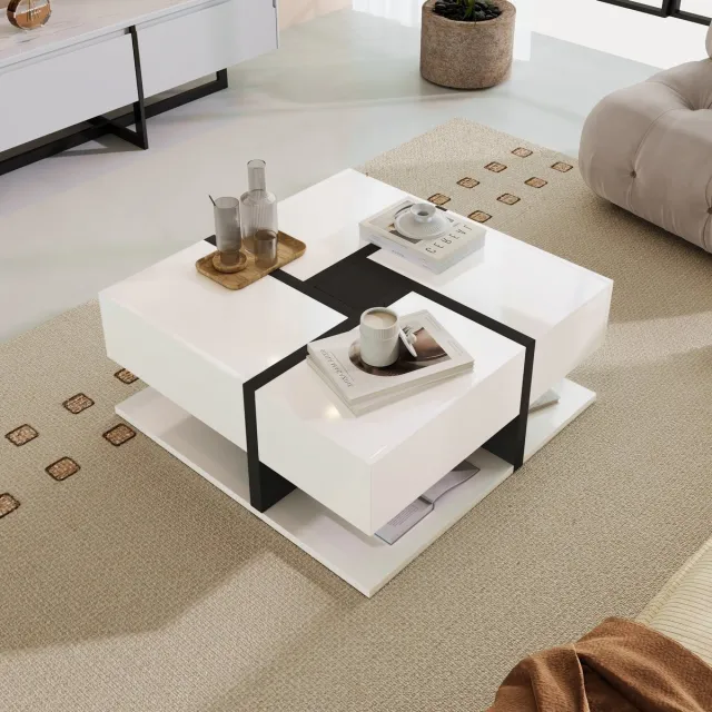 Clruro Hoogglans Salontafel - Tafel met 4 Laden - Unieke Kleurafstemming en Lijnontwerp - Grote Opbergruimte - 78x78x36 cm - MDF - Zwart/Wit