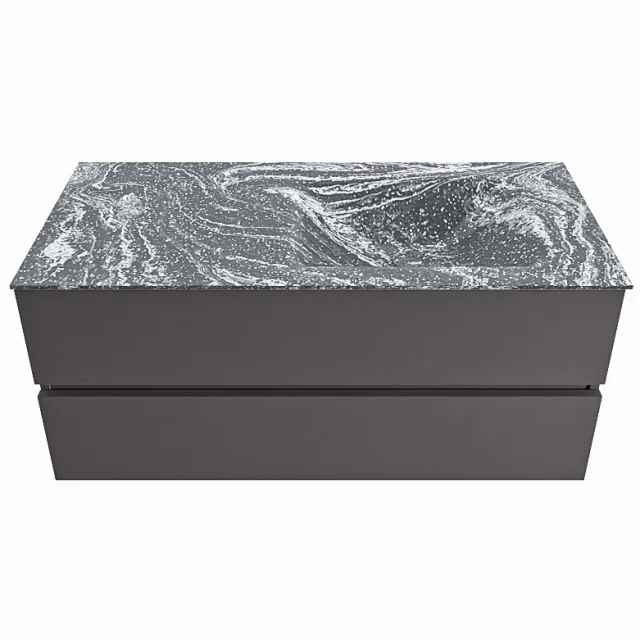 Mondiaz VICA-DLUX 110cm badmeubel onderkast Dark grey 2 lades. Inbouw wastafel CLOUD rechts 1 kraangat, kleur Lava.