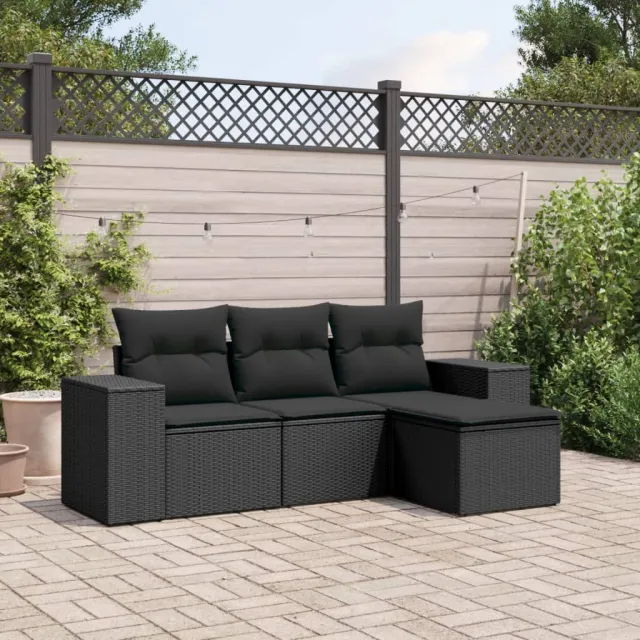 vidaXL 4-delige Loungeset met kussens poly rattan zwart, foto 2
