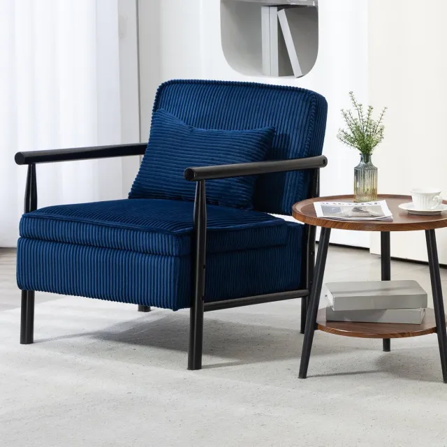 MEUNIQ Fauteuil blauw velvet met armleuningen en lendenkussen, gewatteerde zitting met opbergruimte voor woonkamer, slaapkamer of serre