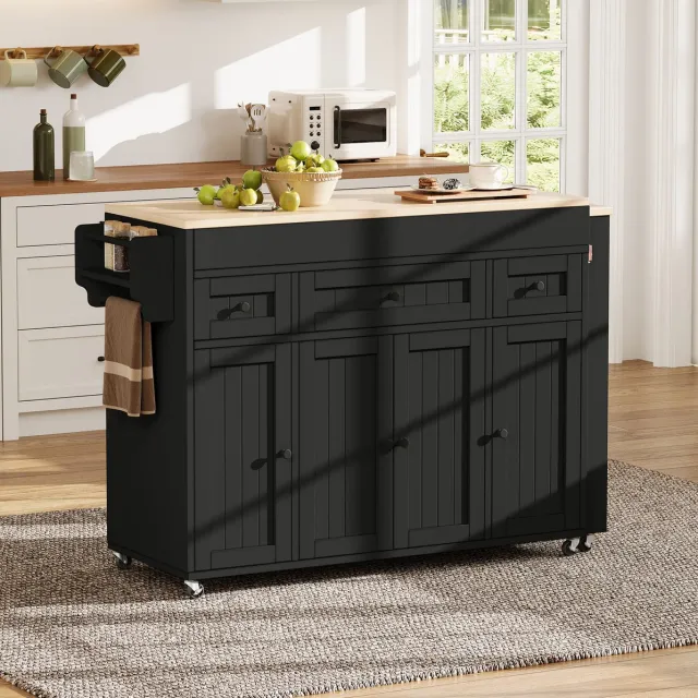 HAUSS SPOLE Keukenkast - Uitschuifbaar Keukeneiland Met Wielen En 3 Lades - Voor Keuken En Eethoek - MDF En PB - 137-190,6x45,2x92 Cm - Zwart Naturel
