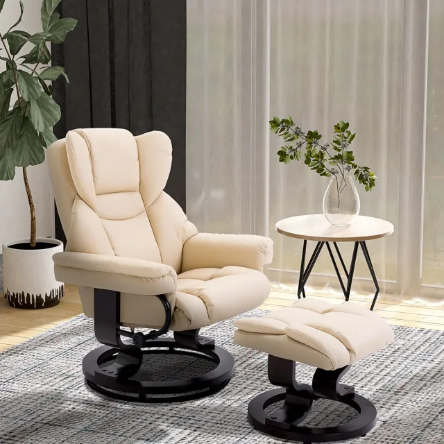 FloraGrace Relaxfauteuil Met Hocker – 360° Draaibaar En 145° Verstelbaar – Voor Woonkamer En Slaapkamer – Kunstleer – Cream White