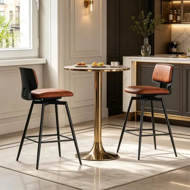FloraGrace Barkruk – 360 Graden Draaibaar – Set Van 2 – Kunstleer En Metaal – Industrieel – Bruin – Voor Keuken, Bar Of Woonkamer – Met Rugleuning