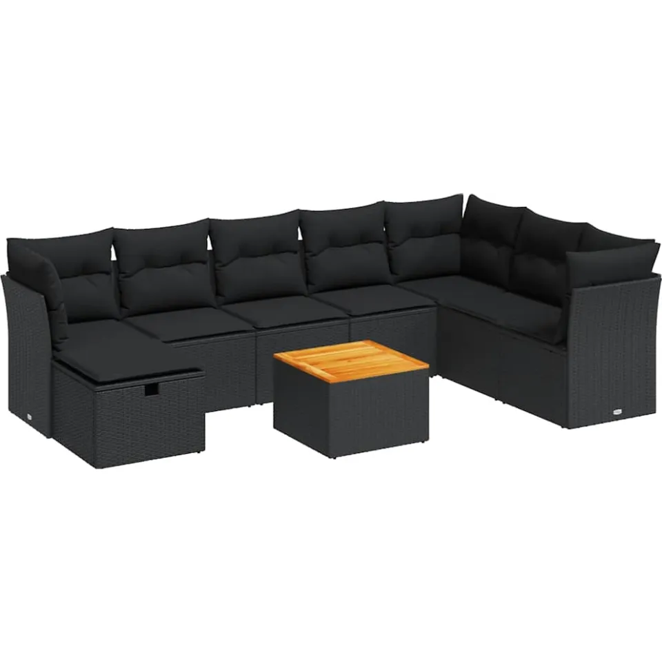 vidaXL 9-delige Loungeset met kussens poly rattan zwart, foto 3