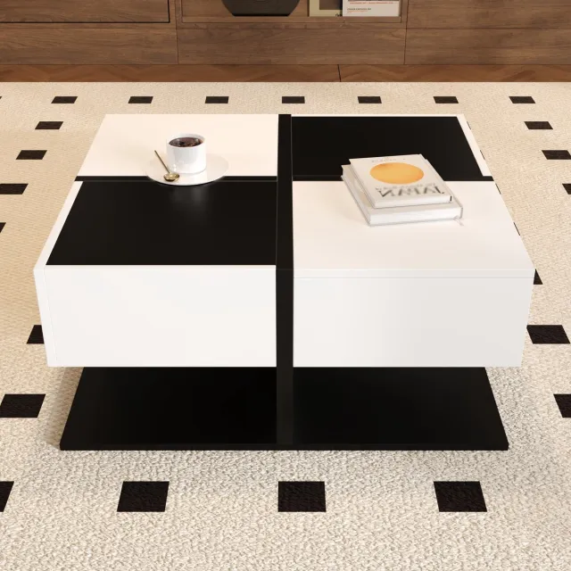 VVBV Salontafel met opbergruimte / Salontafel met lade – met Lades – 2 Lades – Hoogglans – Zwart – Afmetingen 70x70x35.5 cm – Woonkamertafel Black,White