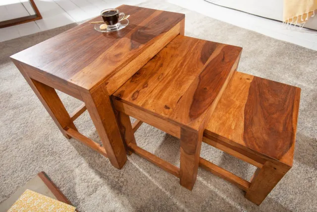 Invicta Interior Massief houten bijzettafels Set van 3 MONSOON 45 cm bruine salontafel met sheeshamstenen afwerking - 40794 Zie omschrijving