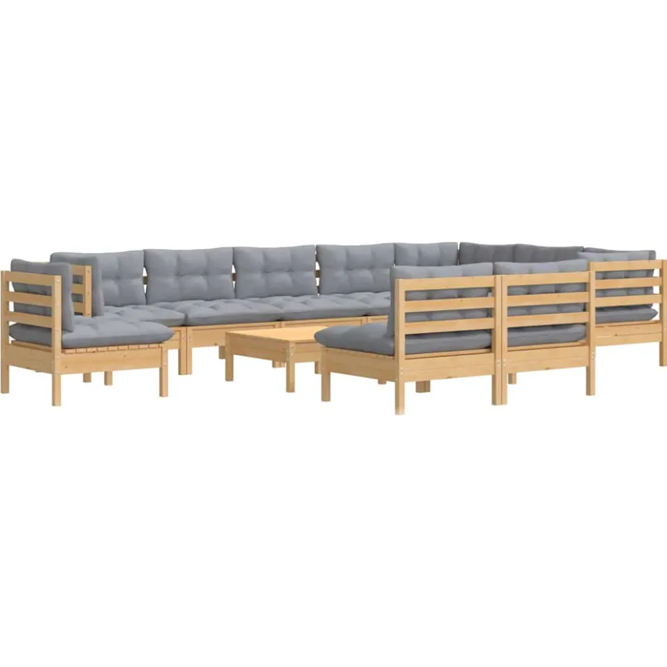 vidaXL 11-delige Loungeset met grijze kussens massief grenenhout Grijs