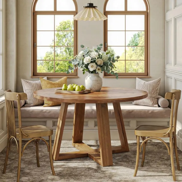 Little Trees LITTLE TREE Ronde Houten Eettafel 120 cm – Landelijke Boerderijstijl – Eettafel met Stabiele Onderstel – Rustieke Eiken Tafel voor Eetkamer & Keuken Bruin