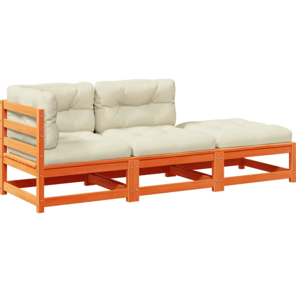 vidaXL 3-delige Loungeset met kussens massief grenenhout wasbruin