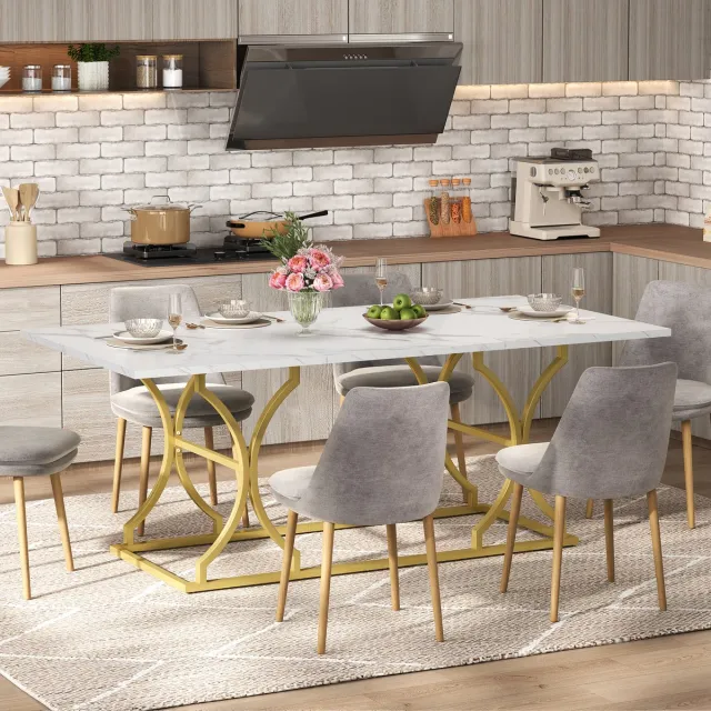 MIVRAY Eettafel Met Marmerlook Voor 8 Tot 10 Personen, Waterbestendig En Krasvast, Wit Goud, MDF, 200x80x76 Cm