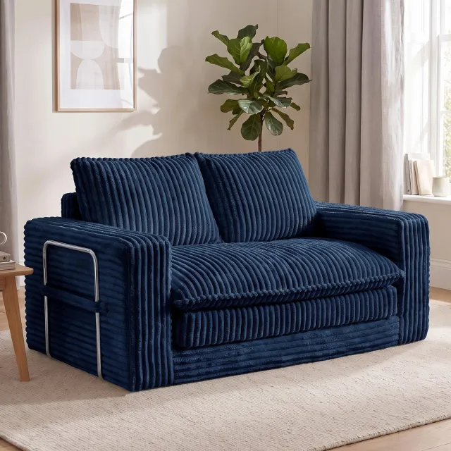 Homemiyn Slaapbank - Donkerblauwe 2 persoons slaapbank met zachte corduroy stof, slaapbank voor woonkamer, comfortabele ombouwbare loungebank