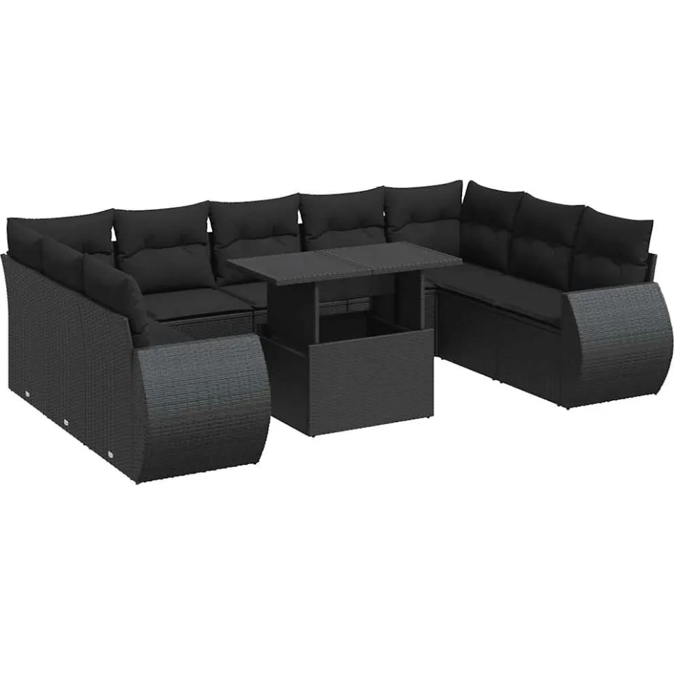 vidaXL 10-delige Loungeset met kussens poly rattan zwart, foto 3