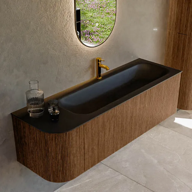 Mondiaz KURVE 145 cm Onderkast Greeploos 1 Lade Met Deuren Walnut, Wastafel Solid Surface Rechts Urban 1 Kraangat Zonder Spiegel (KRVBGL145L1L1D1KR-Wal/Urb)