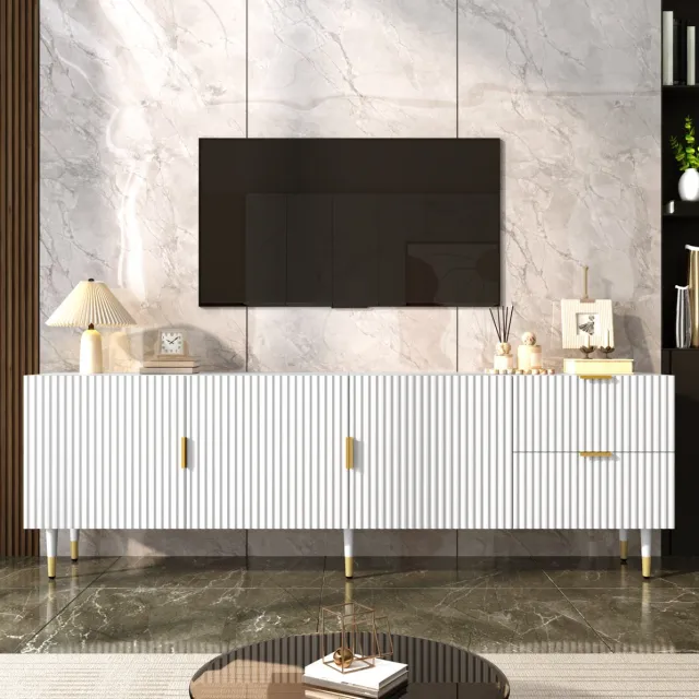 REDOM TV-meubel - 3 deuren met planken en lades - Soft-close scharnieren en kabelopeningen en verstelbare poten - Gouden handgrepen en poten - MDF en spaanplaat - Wit - 170 x 35.5 x 55 cm