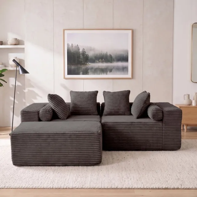 HAUSS SPOLE Modulaire Hoekbank - L-Vormige Lounge Sofa - 3-Zits - Zonder Montage - Voor Woonkamer En Slaapkamer - Chenille - Zwart Black