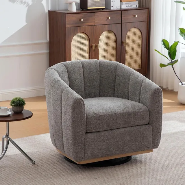 KOMHTOM BLACKCOLORS Moderne poef van chenille met metalen voet, 360° draaibaar, gestoffeerde fauteuil met pomponversiering, clubfauteuil in pompoenvorm voor woonkamer, familiekamer, slaapkamer, lounge, GRIJS