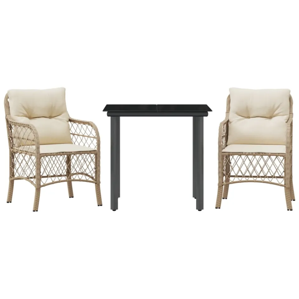 vidaXL 3-delige Bistroset met kussens poly rattan beige, foto 3