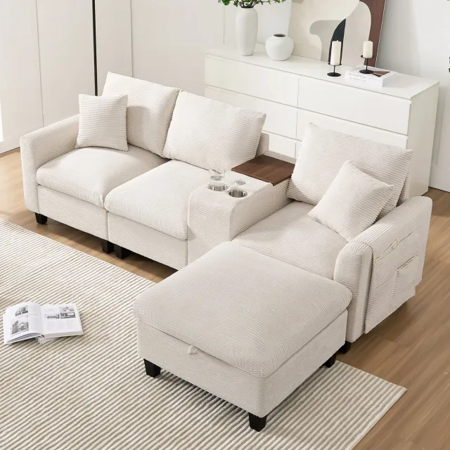 Zubaliya Woonkamer Hoekbank, L-Bank, 3-Zits Bank, Moderne L-Vormige Hoekbank, Omvormbare Bank Met Console, 2 Bekerhouders, USB Oplaadpoorten, Armleuning Opbergtas En Kussens, Corduroy Stof beige
