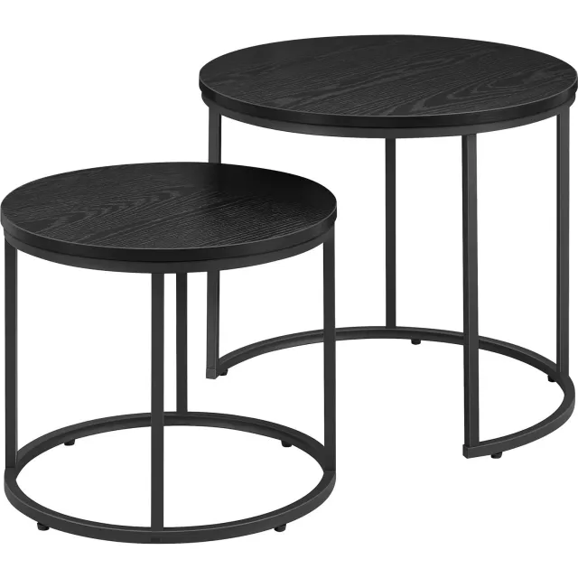 LEOBERT Ronde Salontafels - Set van 2 - Zwarte Eikenlook en Zwart Metalen Frame
