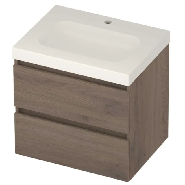 Basic-Line Moby 46 Badmeubelset Polystone 1 Kraangat Greeploos 60x46x58 cm Dusk Oak Glans Wit