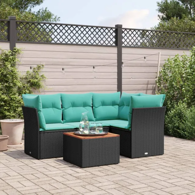 vidaXL 5-delige Loungeset met kussens poly rattan zwart, foto 2