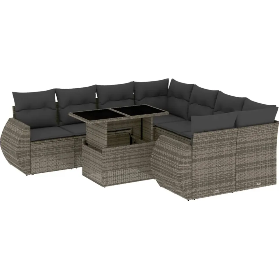 vidaXL 9-delige Loungeset met kussens poly rattan grijs, foto 3