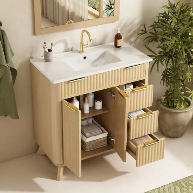 REDOM Badkamerkast met wastafel - 3 laden en dubbele deuren - Keramische wastafel met overloop - MDF en keramiek - Natuurlijk hout - 81 x 47 x 90 cm
