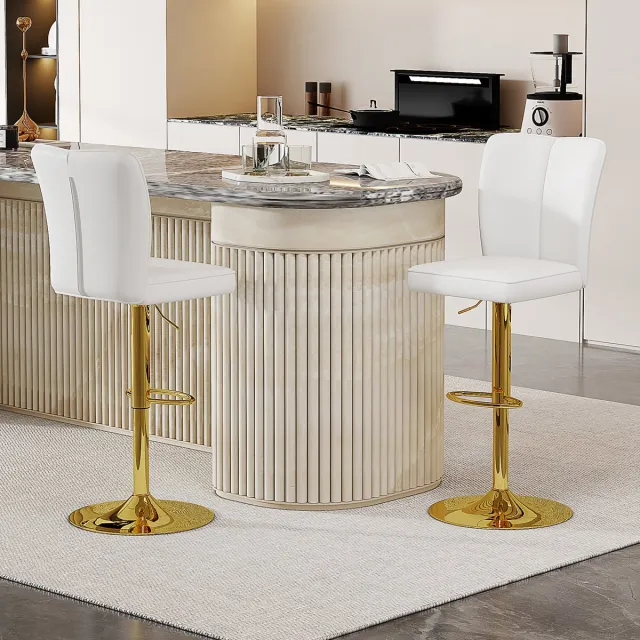 Clruro Barkruk Set - 2 Stuks - Hoogteverstelbaar - 360° Draaibaar - PU-Leer - Wit/Goud Wit+Goud